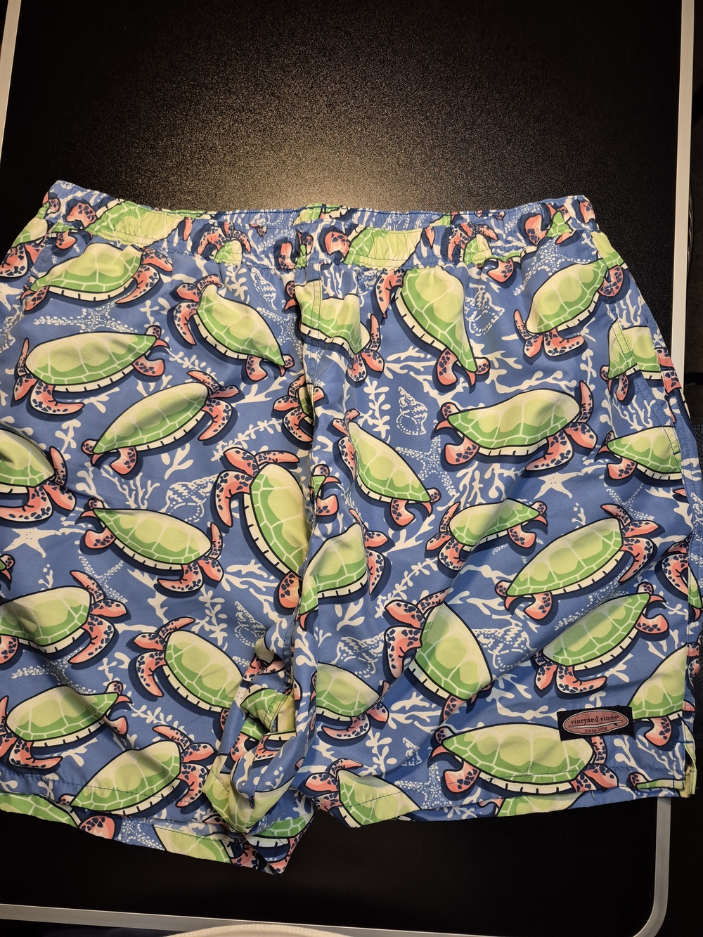 Vineyard Vines Blue Swim Trunks with Green & Pink Turtle Pattern